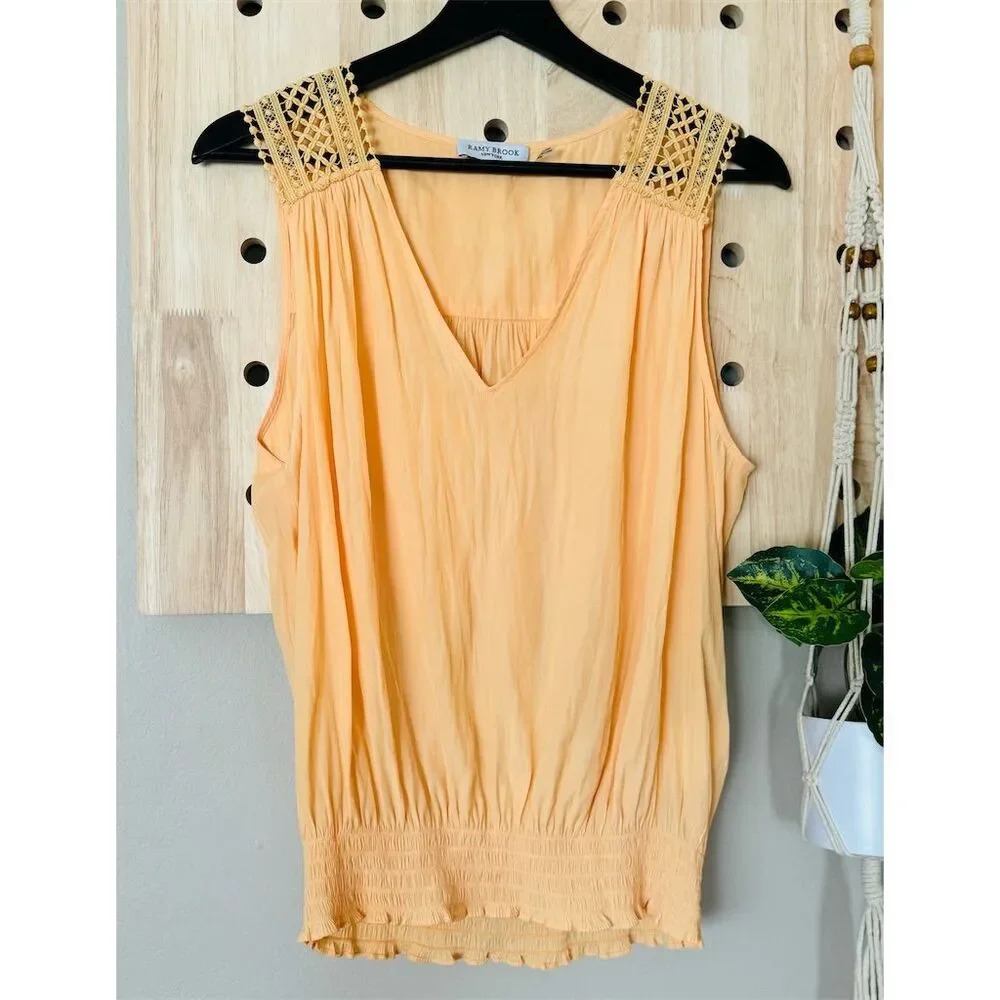 Ramy Brook Reese Blouse Apricot Nectar Orange V-Neck Sleeveless Crochet Size M